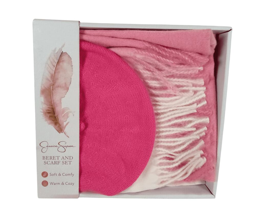 Jessica Simpson Beret & Scarf Set / Pink White Adult OS Warm Cozy Soft Gift Set